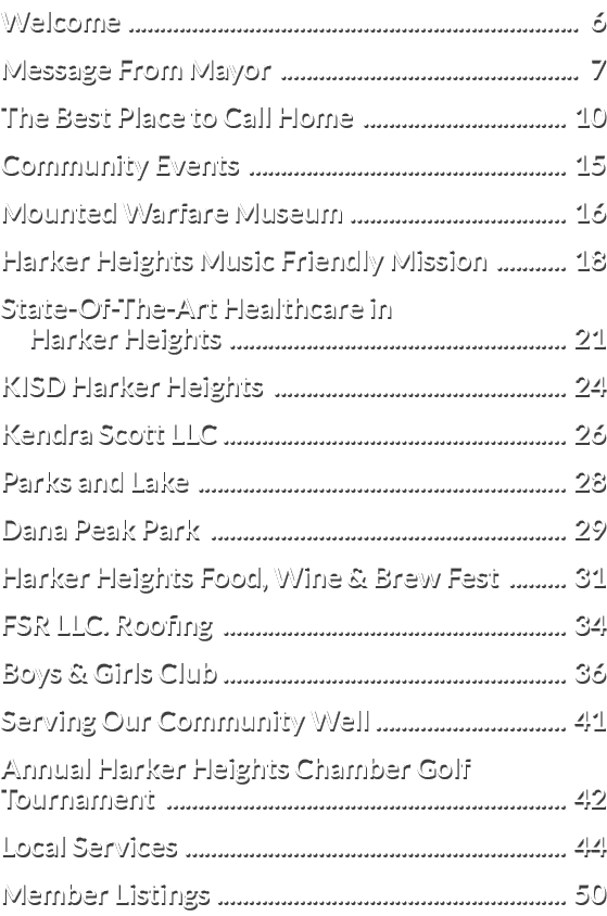 Welcome 6 Message From Mayor 7 The Best Place to Call Home 10 Community Events 15 Mounted Warfare Museum 16 Harker He...