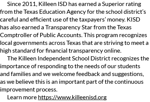 Since 2011, Killeen ISD has earned a Superior rating from the Texas Education Agency for the school district’s carefu...