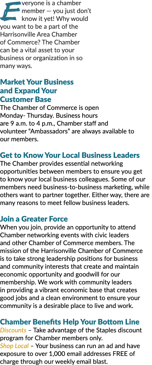 Everyone is a chamber member — you just don’t know it yet! Why would you want to be a part of the Harrisonville Area ...