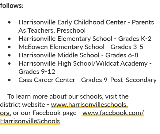 follows: • Harrisonville Early Childhood Center Parents As Teachers, Preschool • Harrisonville Elementary School Grad...