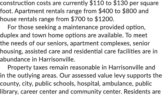 construction costs are currently $110 to $130 per square foot. Apartment rentals range from $400 to $800 and house re...