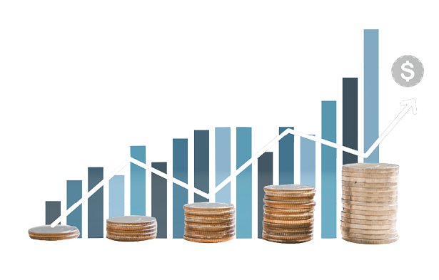 Stack of silver coins aligns with an ascending trading chart arrow, epitomizing financial concepts and investment in business stock growth. Technology leaps further this narrative. money saving graph