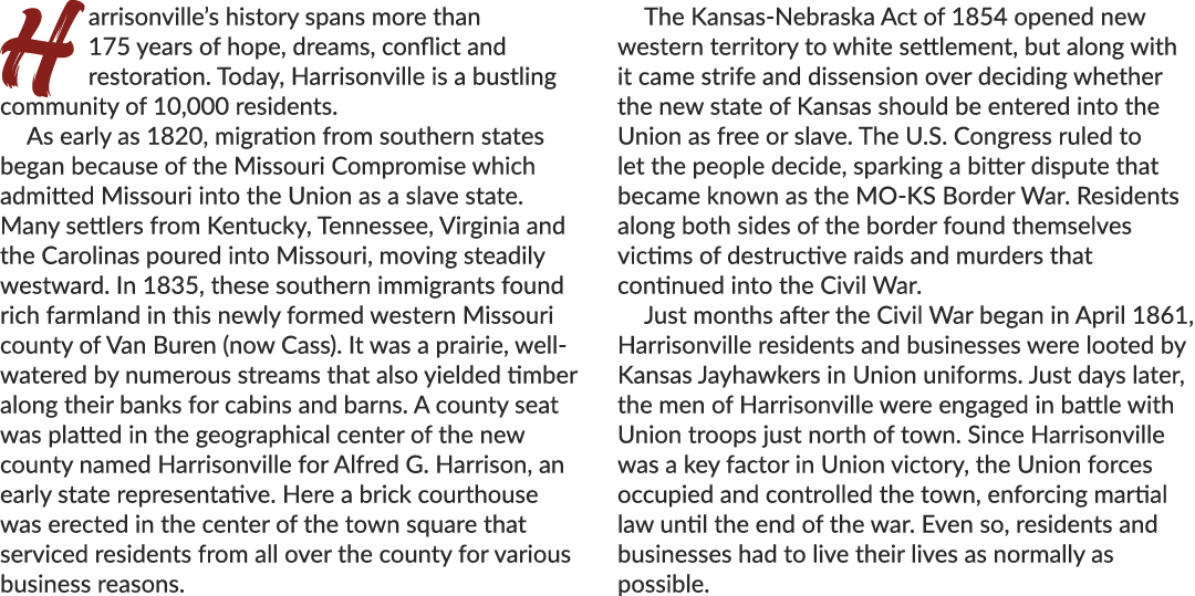 Harrisonville’s history spans more than 175 years of hope, dreams, conflict and restoration. Today, Harrisonville is ...