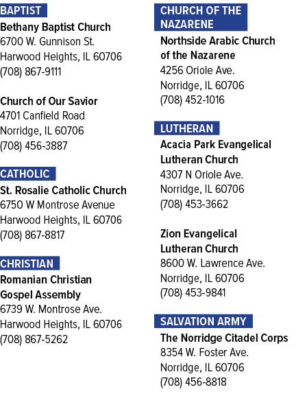 Baptist Bethany Baptist Church 6700 W. Gunnison St. Harwood Heights, IL 60706 (708) 867‑9111 Church of Our Savior 470...