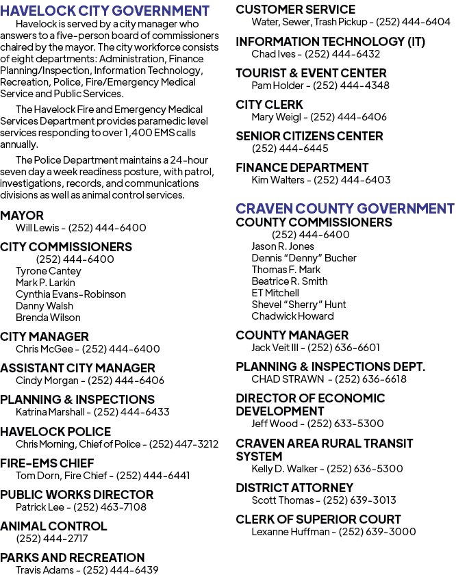 HAVELOCK CITY GOVERNMENT Havelock is served by a city manager who answers to a five person board of commissioners cha...