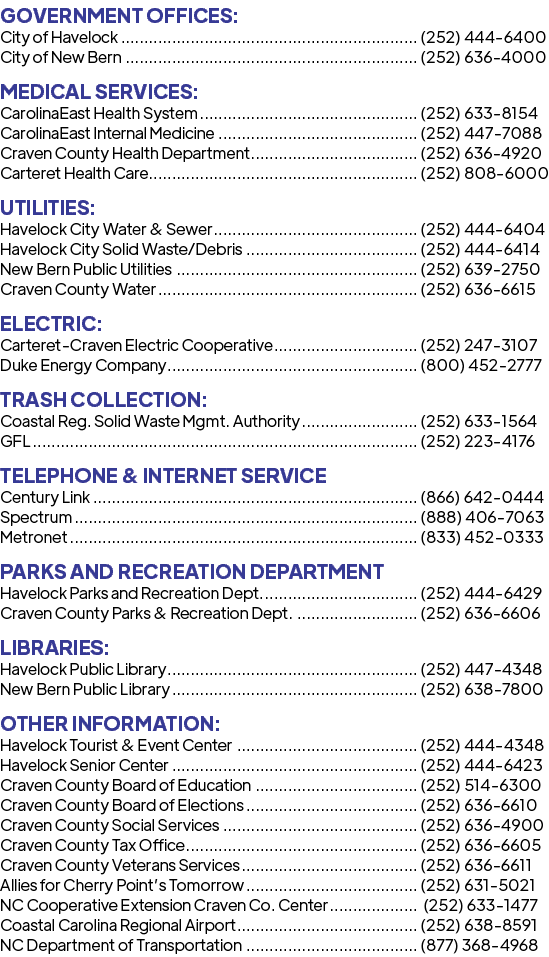 GOVERNMENT OFFICES: City of Havelock (252) 444 6400 City of New Bern (252) 636 4000 MEDICAL SERVICES: CarolinaEast He...