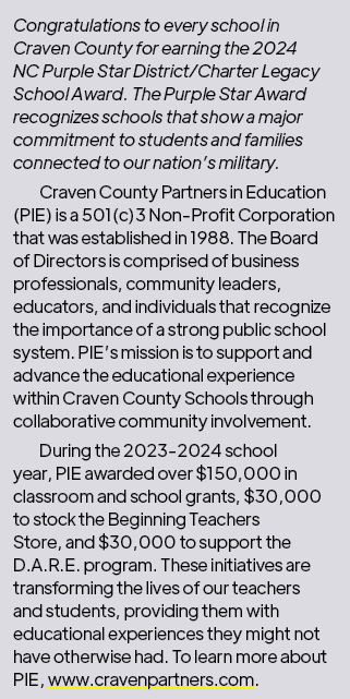 Congratulations to every school in Craven County for earning the 2024 NC Purple Star District/Charter Legacy School A...