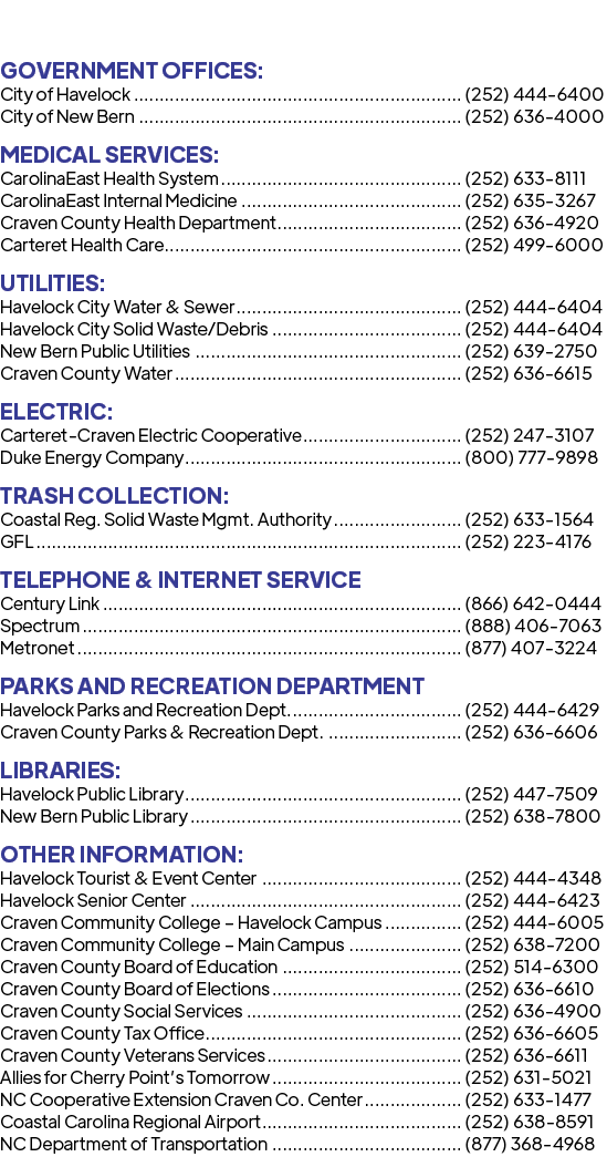 GOVERNMENT OFFICES: City of Havelock (252) 444 6400 City of New Bern (252) 636 4000 MEDICAL SERVICES: CarolinaEast He...