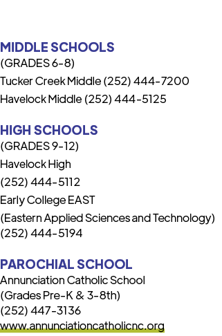 MIDDLE SCHOOLS (GRADES 6 8) Tucker Creek Middle (252) 444 7200 Havelock Middle (252) 444 5125 HIGH SCHOOLS (GRADES 9 ...