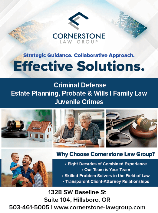 A flyer for the law firm Cornerstone Law Group. Description generated by AI