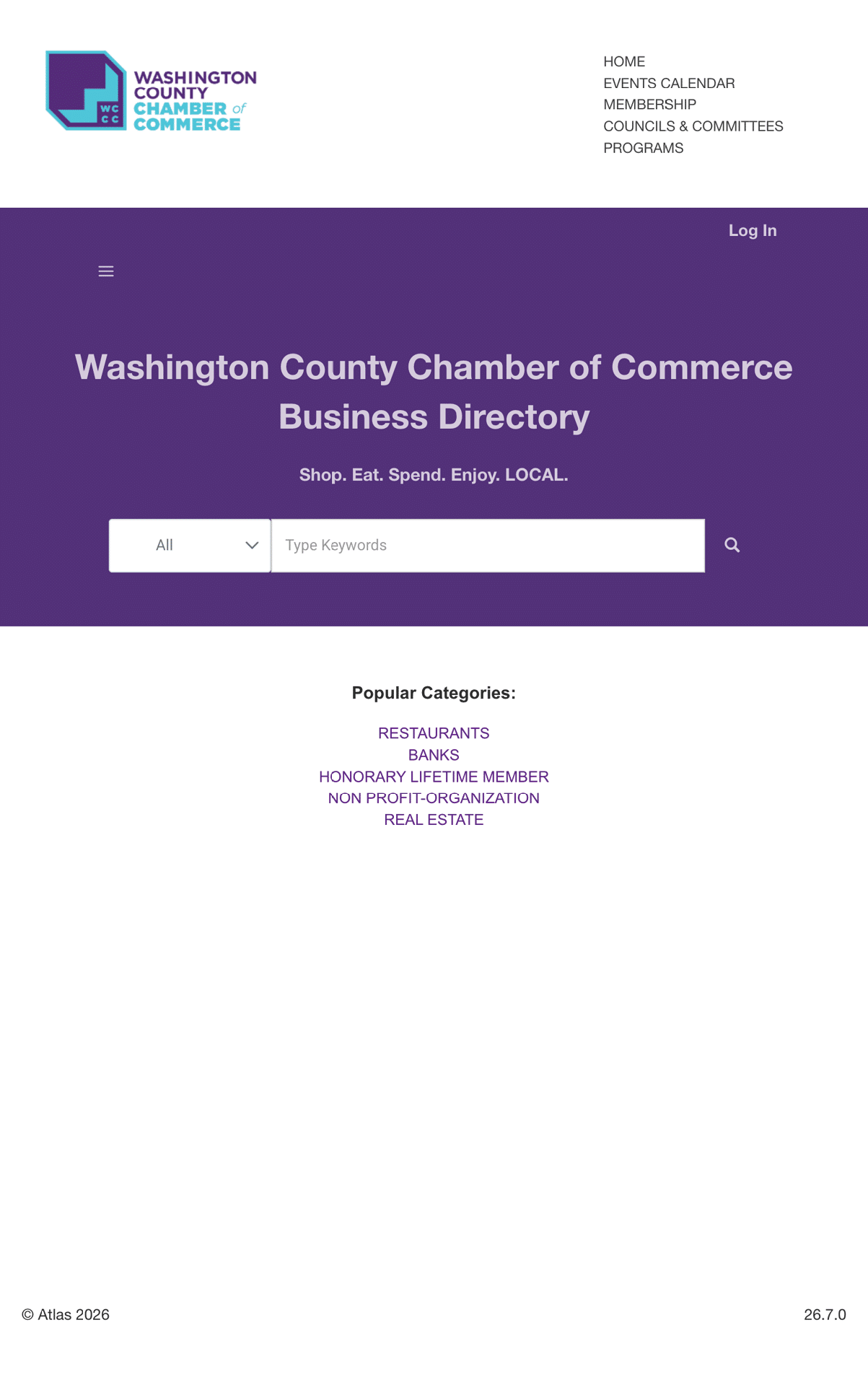 A purple and white website page for the Washington County Chamber of Commerce. Description generated by AI