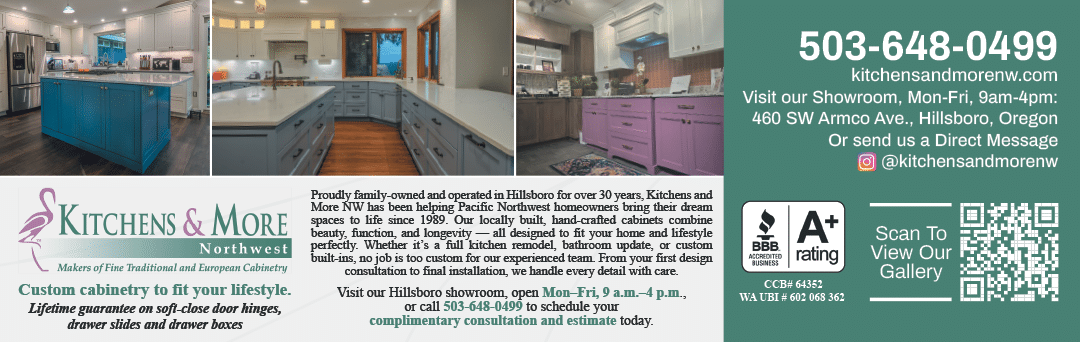 A green and white advertisement for a kitchen and bathroom showroom. Description generated by AI