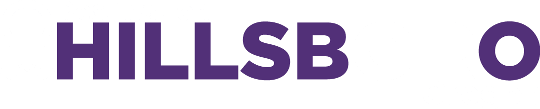 A white and purple sign that says Hillsboro. Description generated by AI
