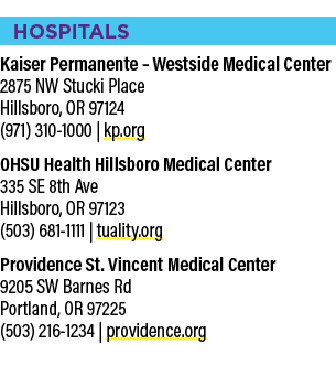 HOSPITALS Kaiser Permanente – Westside Medical Center 2875 NW Stucki Place Hillsboro, OR 97124 (971) 310 1000 | kp.or...