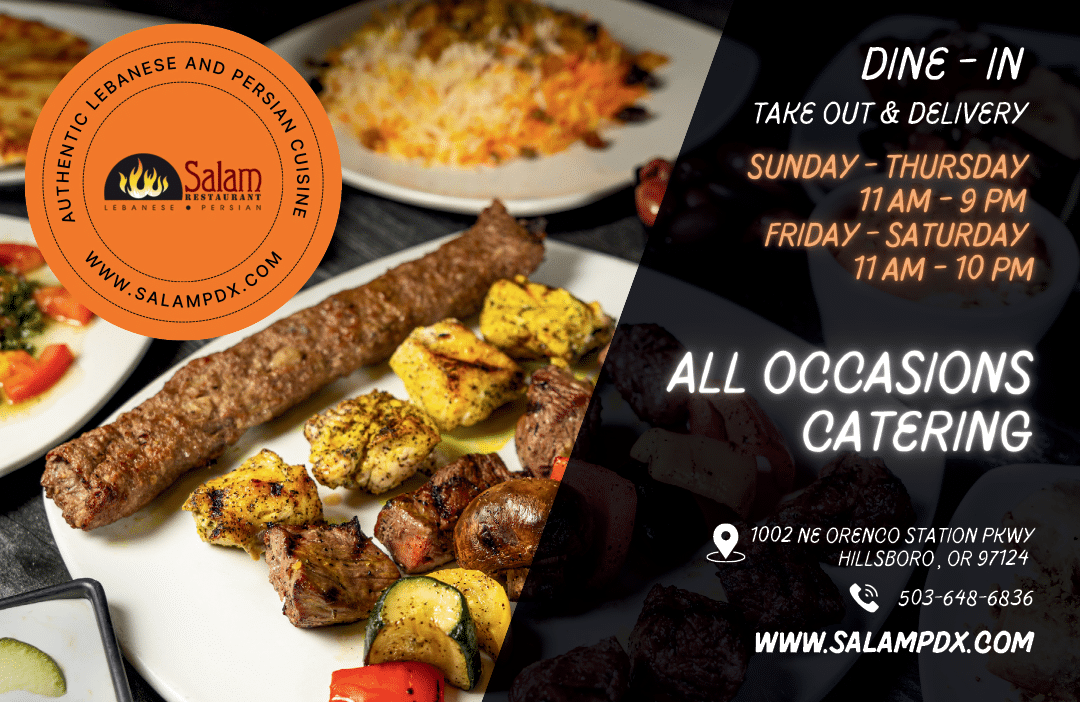 A flyer advertising a restaurant with a picture of food on it. Description generated by AI