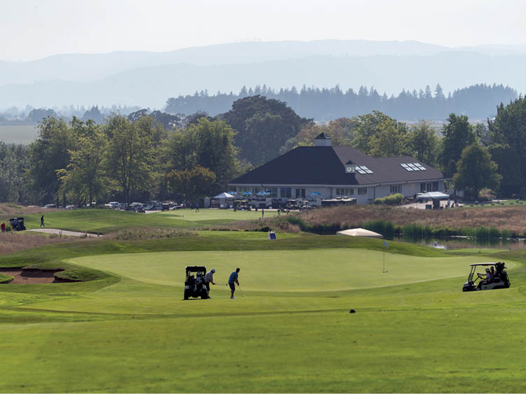 A green golf course with a man playing golf. Description generated by AI