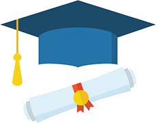 Graduation hat and diploma scroll flat design icon. Graduation celebration cap web cartoon icon. Isolated vector graduation student hat