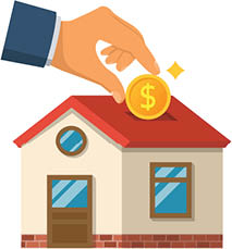 Man invests money in the house. Home is like a piggy bank. Vector illustration flat design. Isolated on white background. Coin in hand for the purchase of real estate. Construction financing.