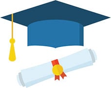 Graduation hat and diploma scroll flat design icon. Graduation celebration cap web cartoon icon. Isolated vector graduation student hat