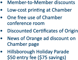 • Member to Member discounts • Low cost printing at Chamber • One free use of Chamber conference room • Discounted Ce...