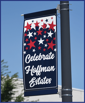 Paul Valade/pvalade@dailyherald.com Celebrate Hoffman Estates banner near the village hall in Hoffman Estates.