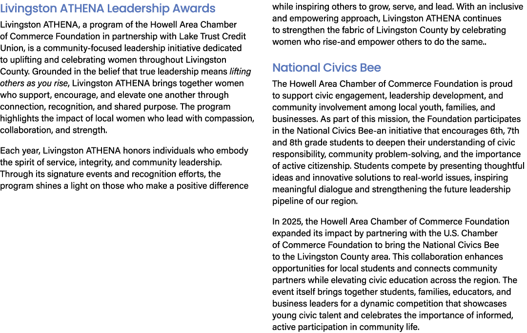 Livingston ATHENA Leadership Awards Livingston ATHENA, a program of the Howell Area Chamber of Commerce Foundation in...