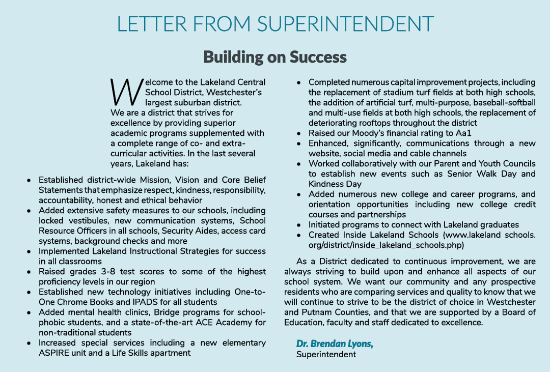Letter from Superintendent Building on Success Welcome to the Lakeland Central School District, Westchester s largest   