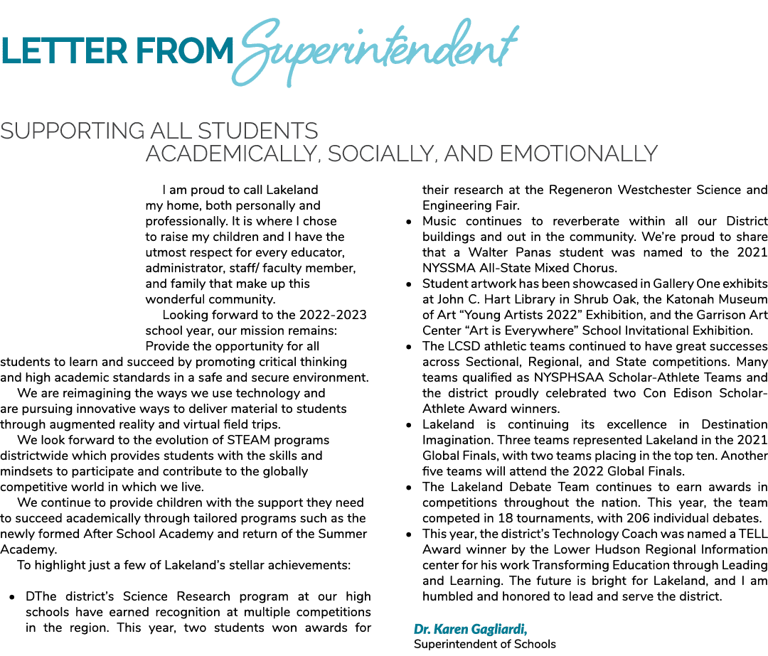 Letter from ￼ Supporting All Students Academically, Socially, and Emotionally I am proud to call Lakeland my home, bo...