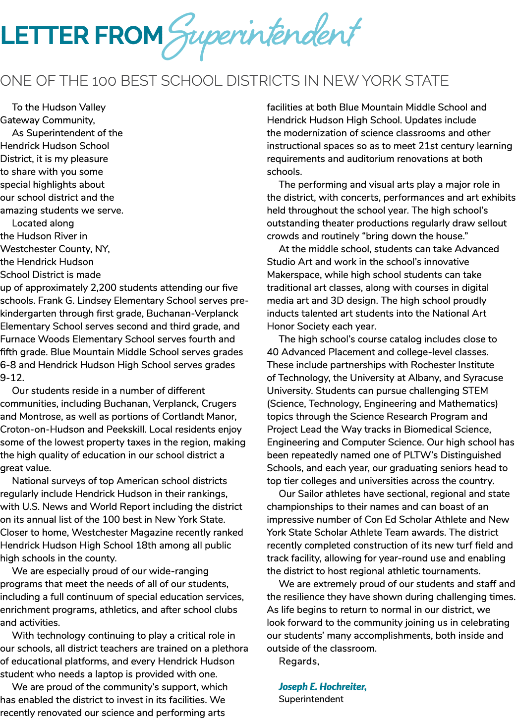 Letter from ￼ One of the 100 Best School Districts in New York State To the Hudson Valley Gateway Community, As Super...
