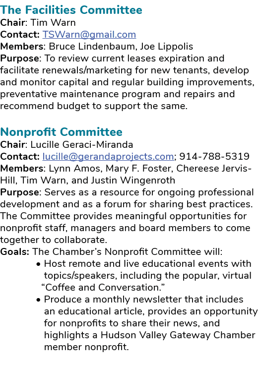 The Facilities Committee Chair: Tim Warn Contact: TSWarn@gmail.com Members: Bruce Lindenbaum, Joe Lippolis Purpose: T...
