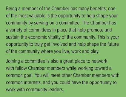 Being a member of the Chamber has many benefits; one of the most valuable is the opportunity to help shape your commu...