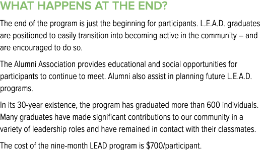 What Happens at the End? The end of the program is just the beginning for participants. L.E.A.D. graduates are positi...