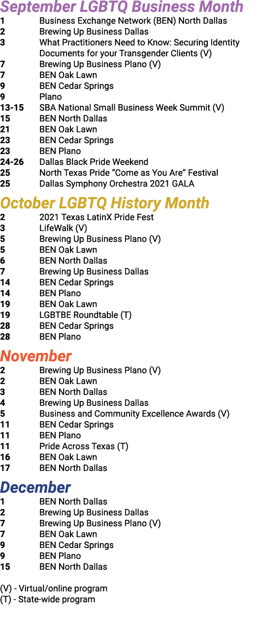 September LGBTQ Business Month 1 Business Exchange Network (BEN) North Dallas 2 Brewing Up Business Dallas 3  What Pr   
