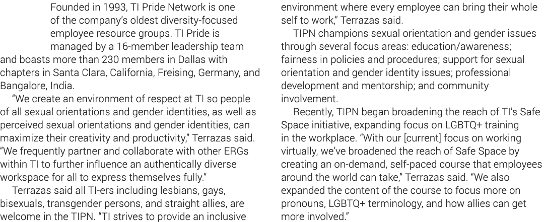 Founded in 1993, TI Pride Network is one of the company s oldest diversity-focused employee resource groups  TI Pride   