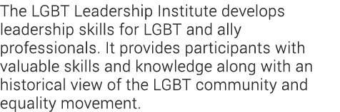  The LGBT Leadership Institute develops leadership skills for LGBT and ally professionals  It provides participants w   