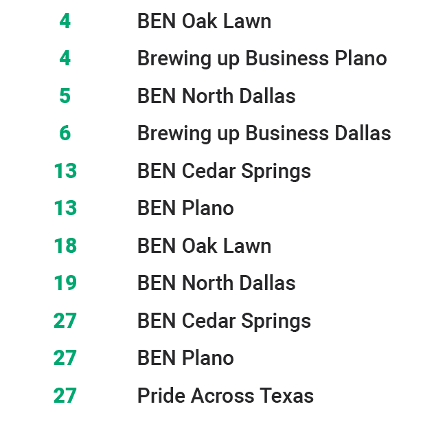 4,BEN Oak Lawn,4,Brewing up Business Plano,5,BEN North Dallas,6,Brewing up Business Dallas,13,BEN Cedar Springs,13,BE   