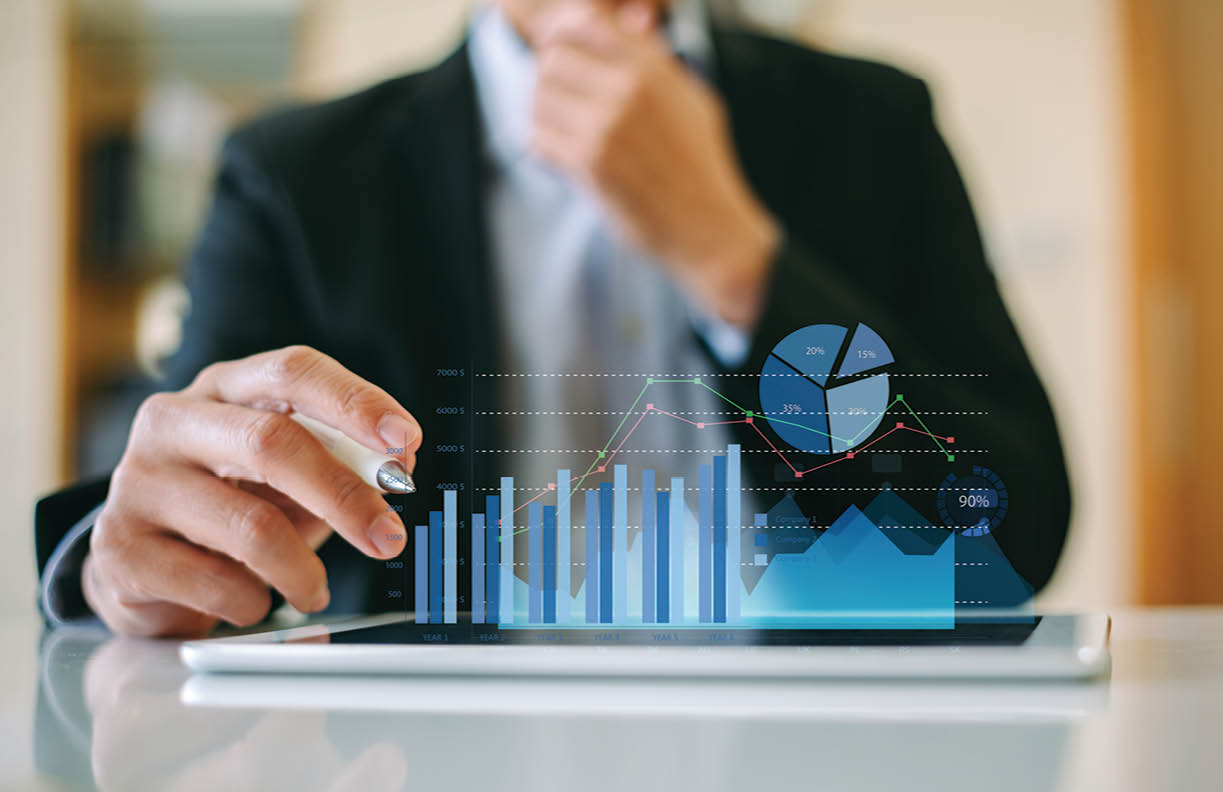 businessman investment consultant analyzing company financial report balance sheet statement working with digital graphs  Concept picture for stock market, office, tax,and project  3D illustration 