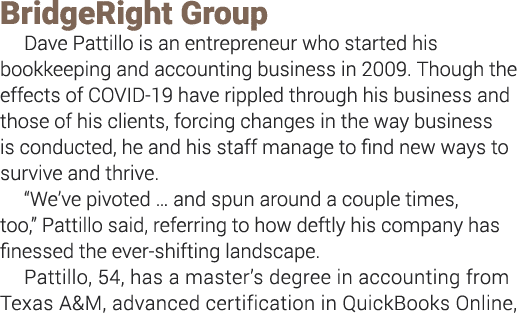  BridgeRight Group Dave Pattillo is an entrepreneur who started his bookkeeping and accounting business in 2009  Thou   