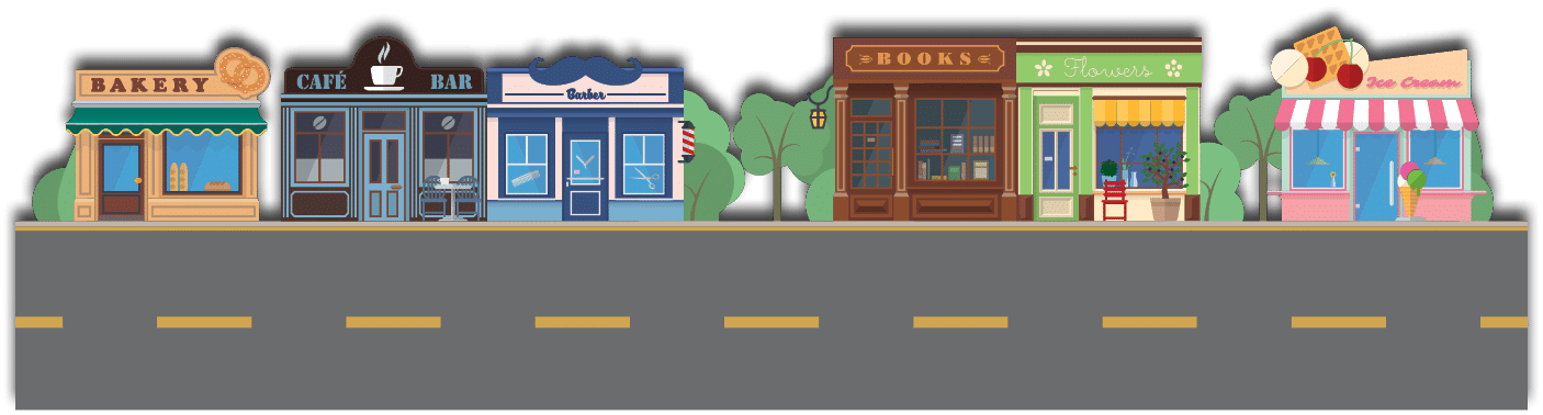 Shops and venues on suburban main street vector illustration