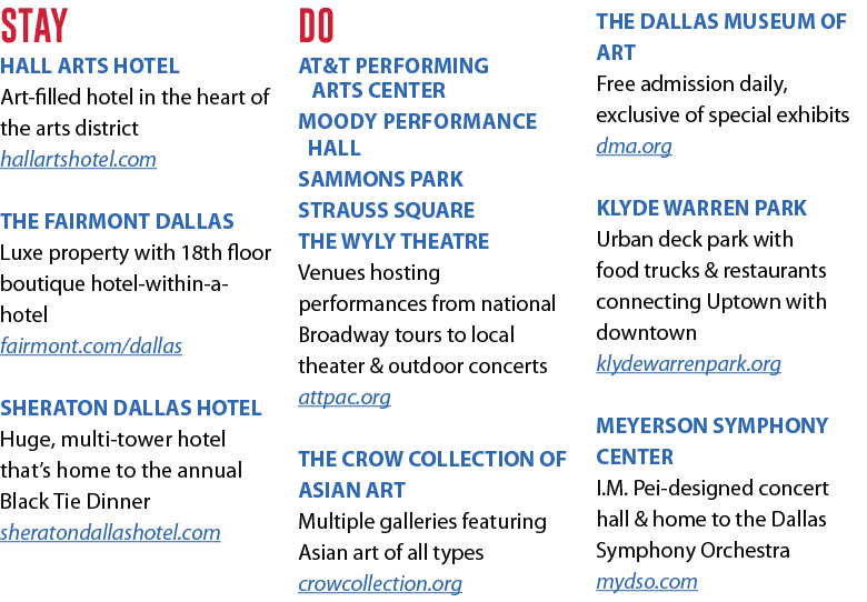 STAY HALL ARTS HOTEL Art-filled hotel in the heart of the arts district hallartshotel.com THE FAIRMONT DALLAS Luxe p...