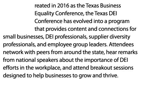 reated in 2016 as the Texas Business Equality Conference, the Texas DEI Conference has evolved into a program that pr...