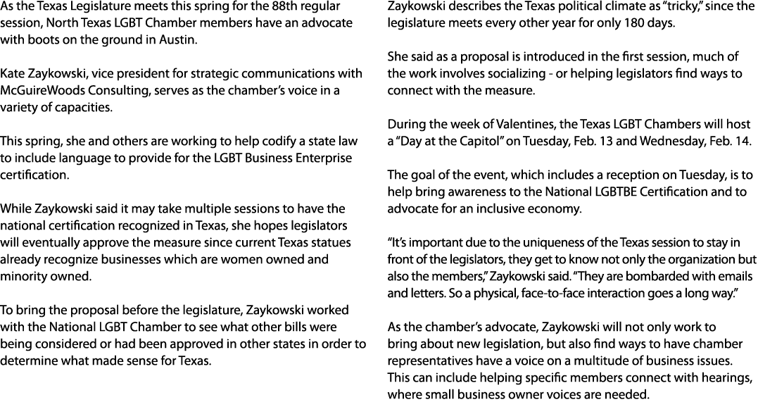 As the Texas Legislature meets this spring for the 88th regular session, North Texas LGBT Chamber members have an adv...