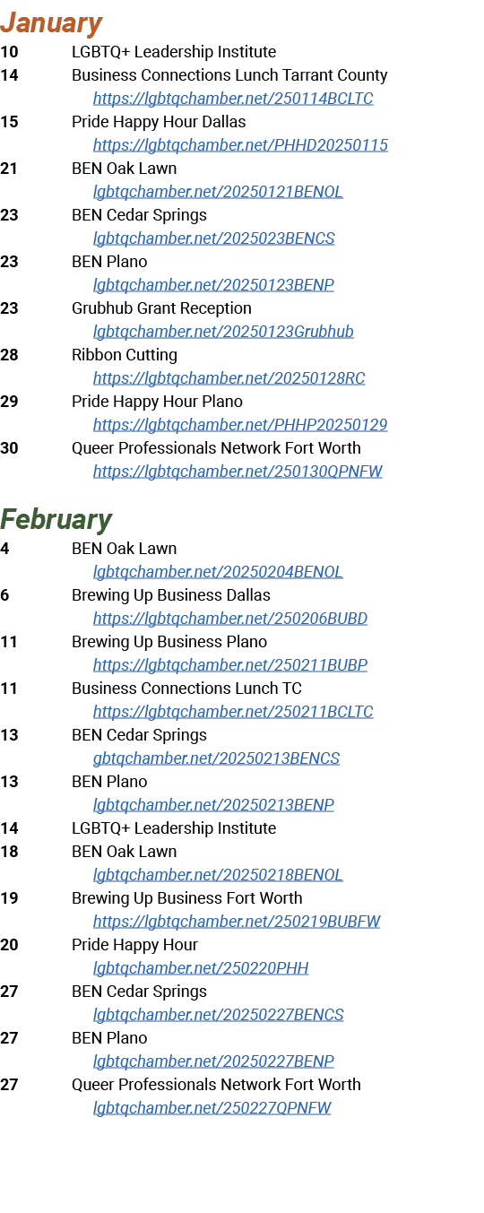 January 10 LGBTQ+ Leadership Institute 14 Business Connections Lunch Tarrant County https://lgbtqchamber.net/250114BC...