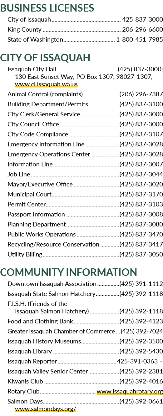 Business Licenses City of Issaquah 425 837 3000 King County 206 296 6600 State of Washington 1 800 451 7985 City of I...
