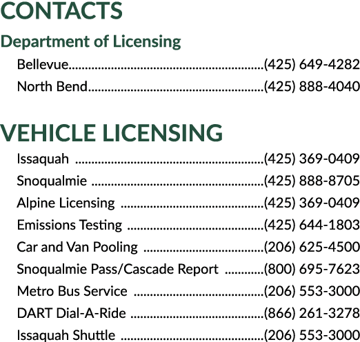 Contacts Department of Licensing Bellevue (425) 649 4282 North Bend (425) 888 4040 Vehicle Licensing Issaquah (425) 3...
