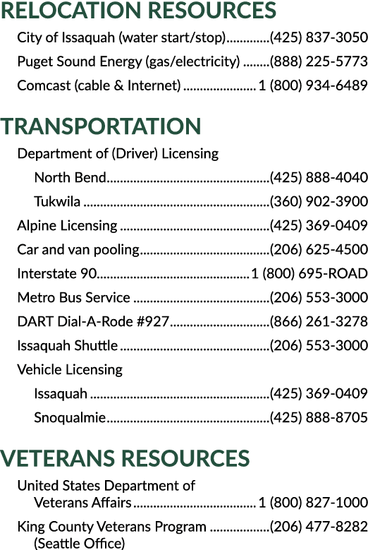 RELOCATION RESOURCES City of Issaquah (water start/stop) (425) 837 3050 Puget Sound Energy (gas/electricity) (888) 22...