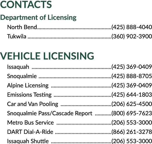 Contacts Department of Licensing North Bend (425) 888 4040 Tukwila (360) 902 3900 Vehicle Licensing Issaquah (425) 36...