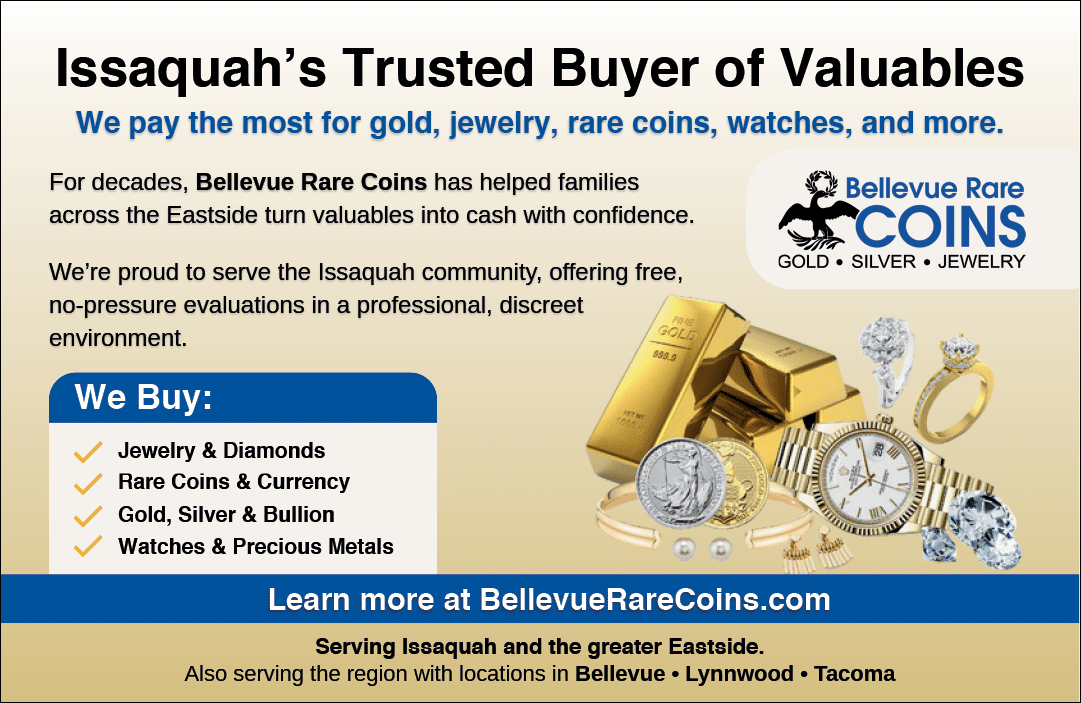 An advertisement for a coin dealer in Issaquah, WA. AI generated content