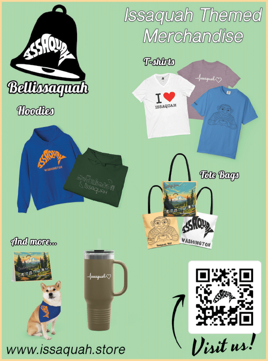 A poster advertising merchandise from Issaquah, including a blue hoodie, a green bag, and a coffee mug. AI generated content