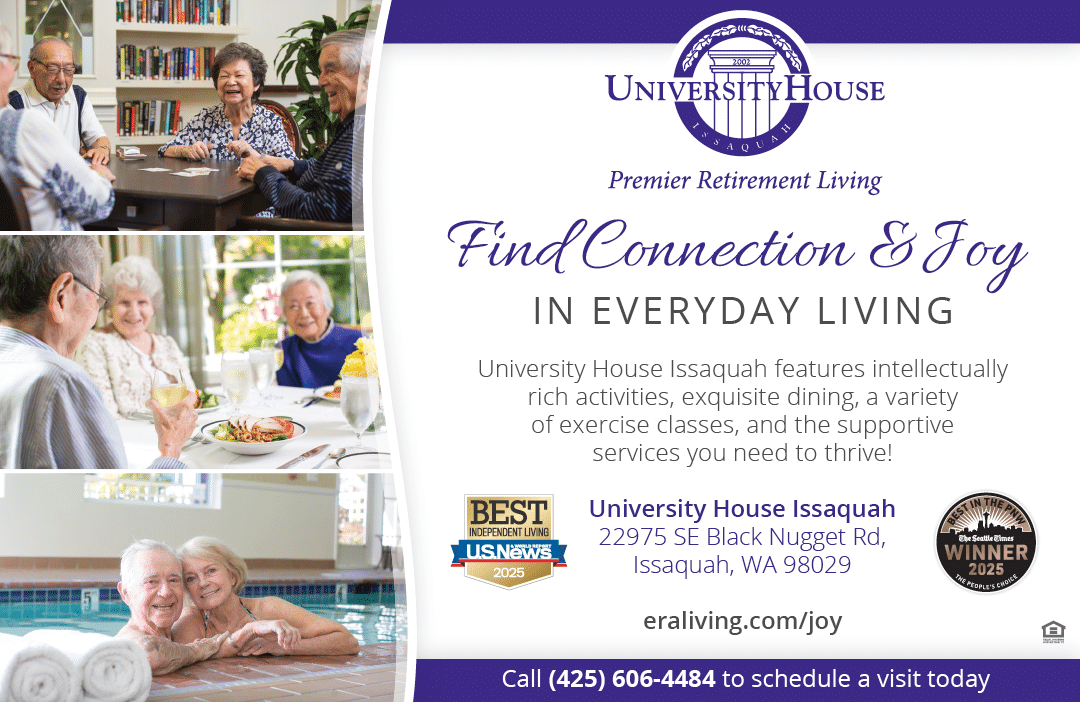 A flyer advertises University House, a senior living community, with a focus on exercise classes, intellectual stimulation, and support. AI generated content